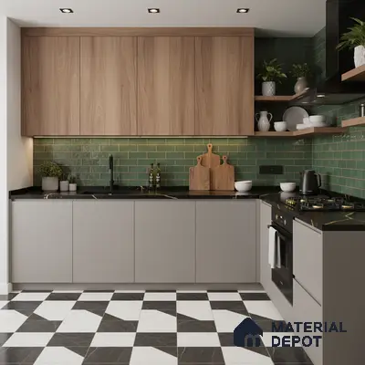 Modern kitchen with walnut wood laminate, green subway backsplash tile, and black-and-white checkerboard floor tile in Bengaluru