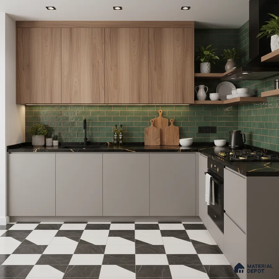 Modern kitchen with walnut wood laminate, green subway backsplash tile, and black-and-white checkerboard floor tile in Bengaluru