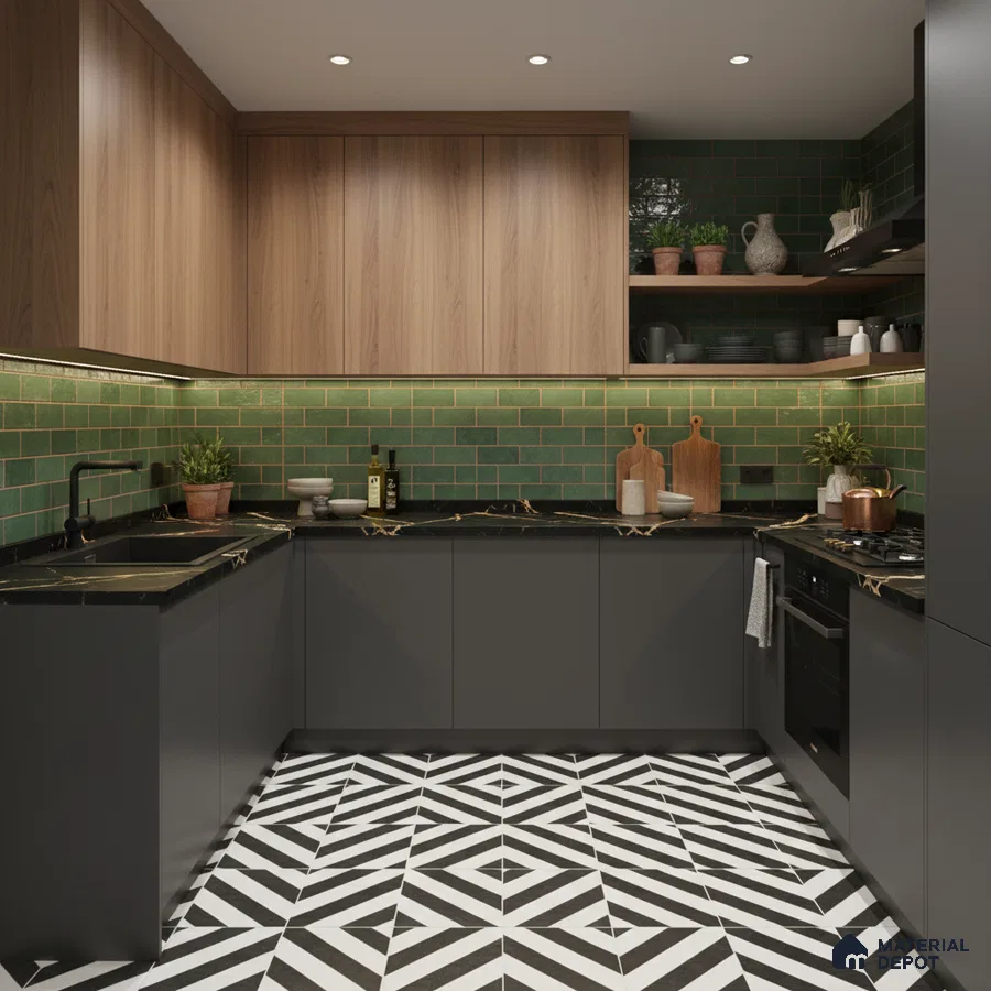 Modern kitchen with walnut wood laminate, green subway backsplash tile, and geometric black-and-white floor tile in Bengaluru