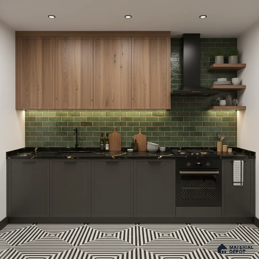 Modern kitchen with walnut wood laminate, green subway tile backsplash, and geometric black-and-white floor tiles in Bengaluru