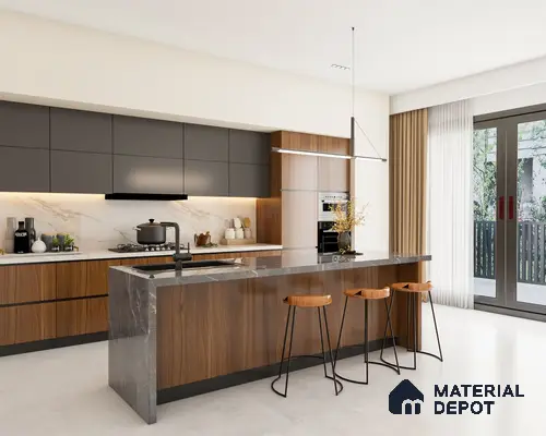 Modern kitchen with walnut wood laminate, grey matte laminate, and marble backsplash in Bengaluru | Material Depot