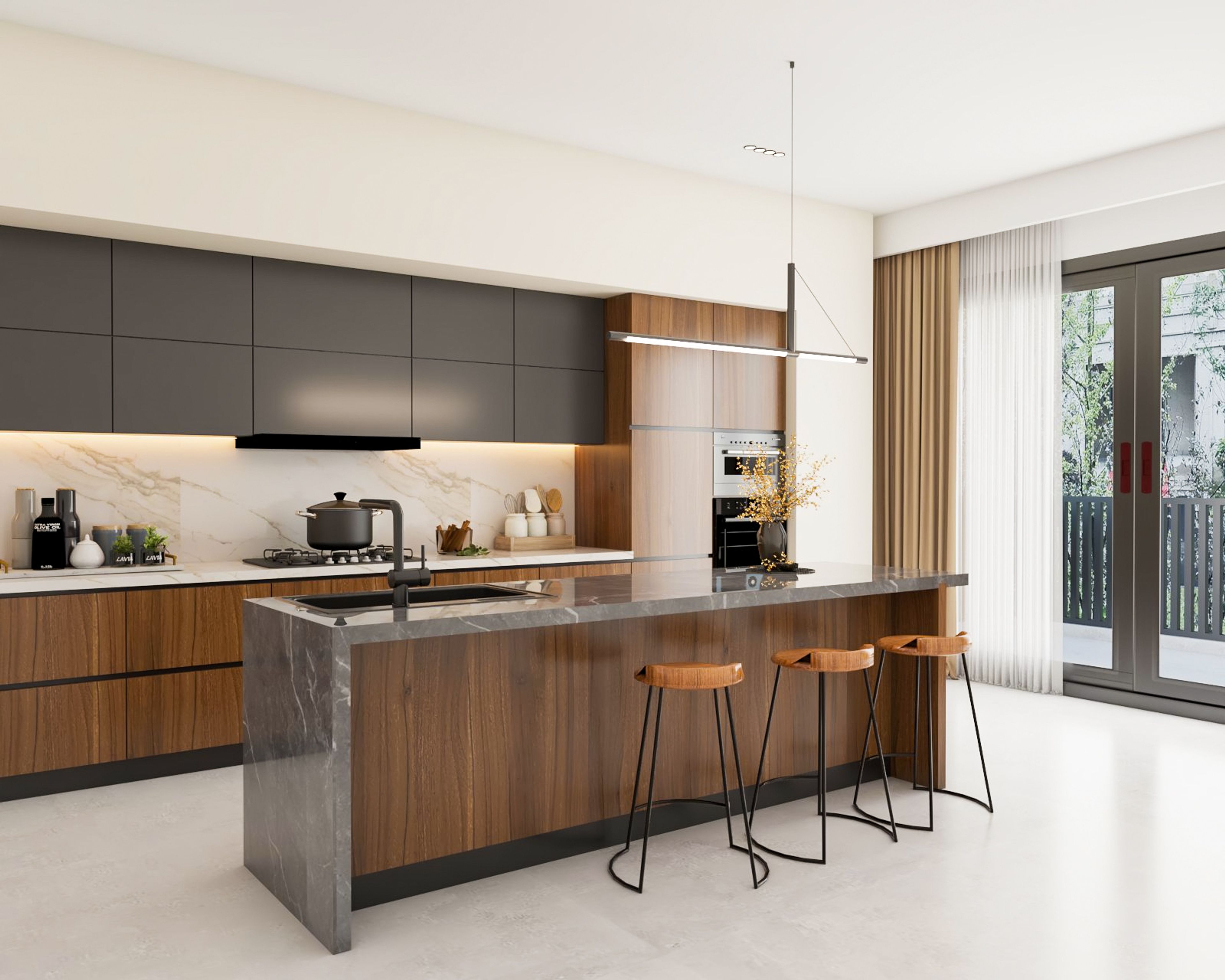 Modern kitchen with walnut wood laminate, grey matte laminate, and marble backsplash in Bengaluru | Material Depot