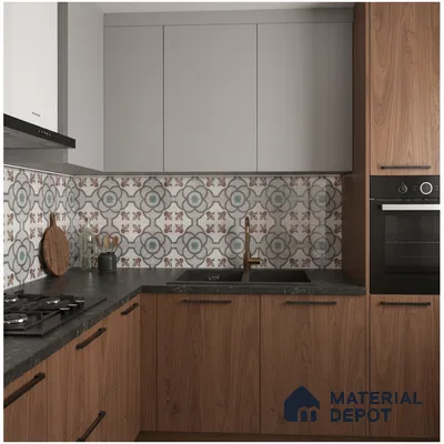 Modern kitchen with walnut wood laminate, grey solid laminate, and patterned moroccan backsplash tiles in Bengaluru