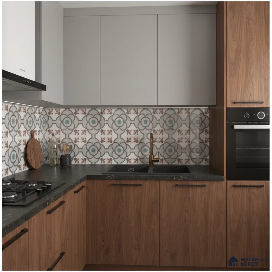 Modern kitchen with walnut wood laminate, grey solid laminate, and patterned moroccan backsplash tiles in Bengaluru