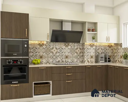 Modern kitchen with walnut wood laminate, ivory laminate, and patterned moroccan backsplash tiles in Bengaluru | Material Depot