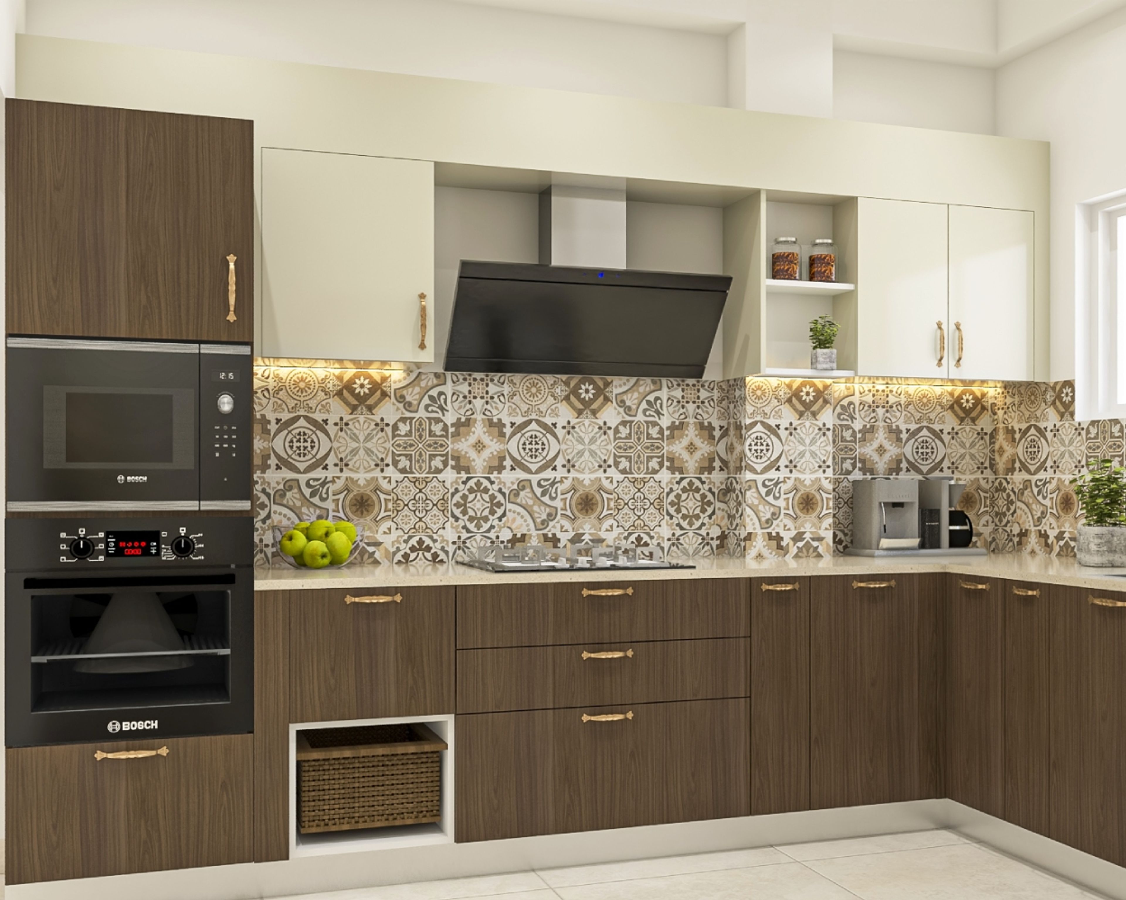 Modern kitchen with walnut wood laminate, ivory laminate, and patterned moroccan backsplash tiles in Bengaluru | Material Depot