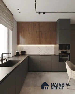 Modern kitchen with walnut wood laminate, matte charcoal laminate, and white marble backsplash in Bengaluru | Material Depot