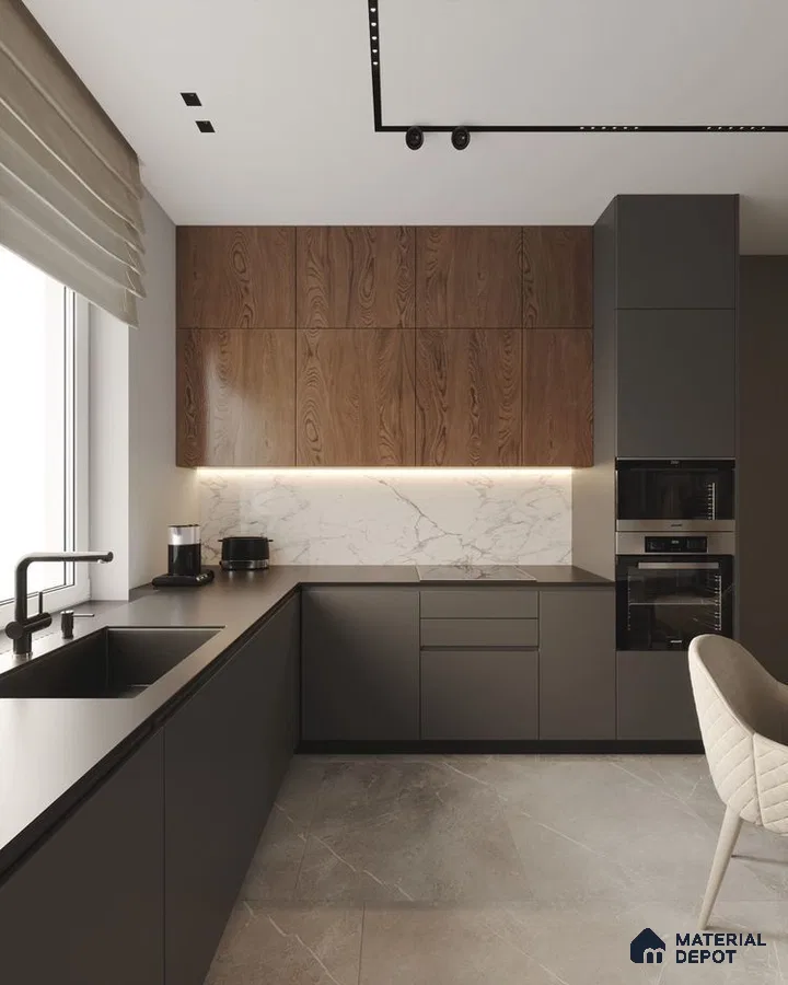 Modern kitchen with walnut wood laminate, matte charcoal laminate, and white marble backsplash in Bengaluru | Material Depot