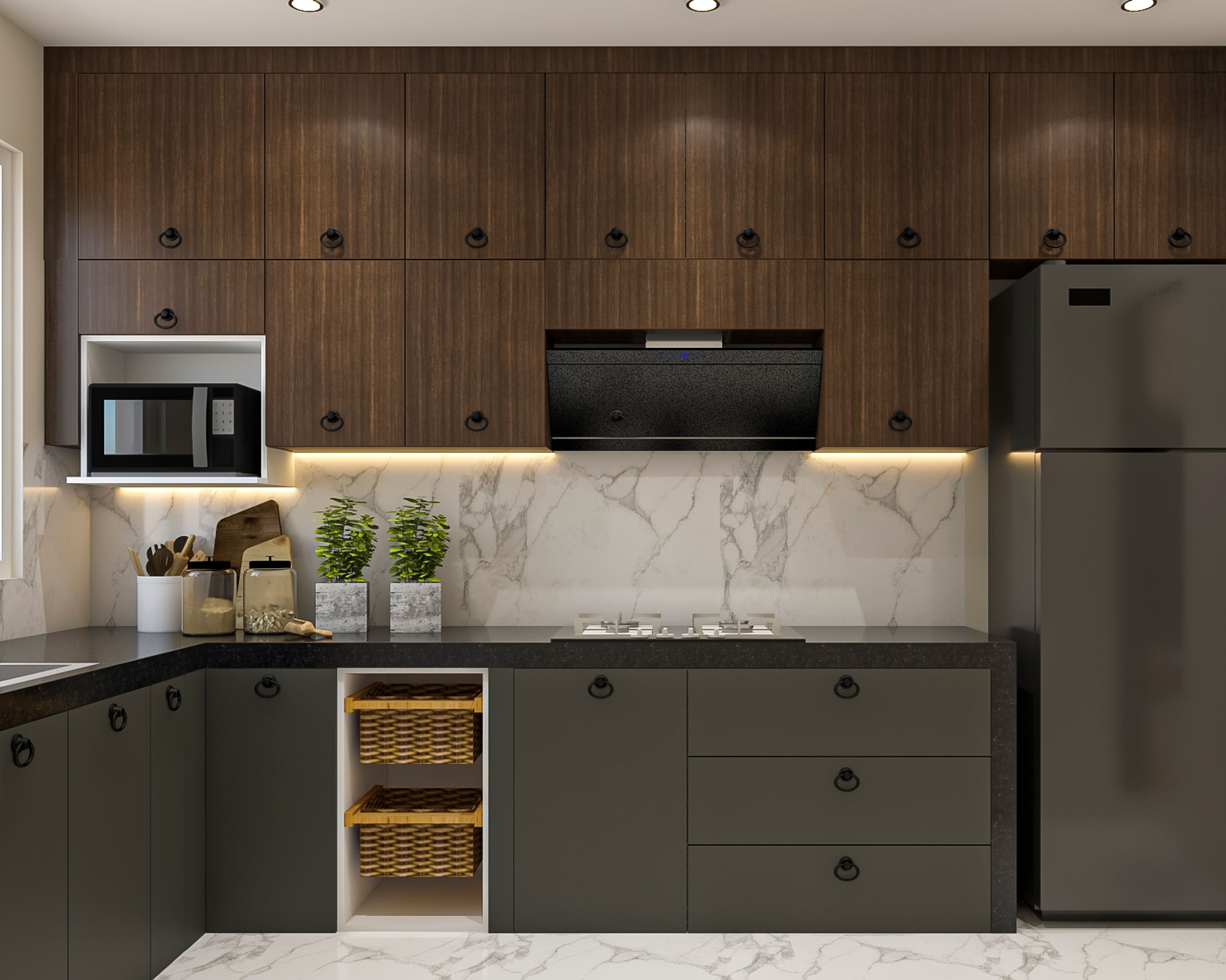 Modern kitchen with walnut wood laminate, matte olive base cabinets, and white marble backsplash in Bengaluru | Material Depot