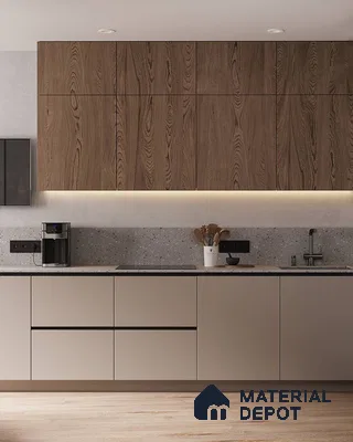 Modern kitchen with walnut wood laminate, taupe matte laminate, and terrazzo backsplash in Bengaluru | Material Depot