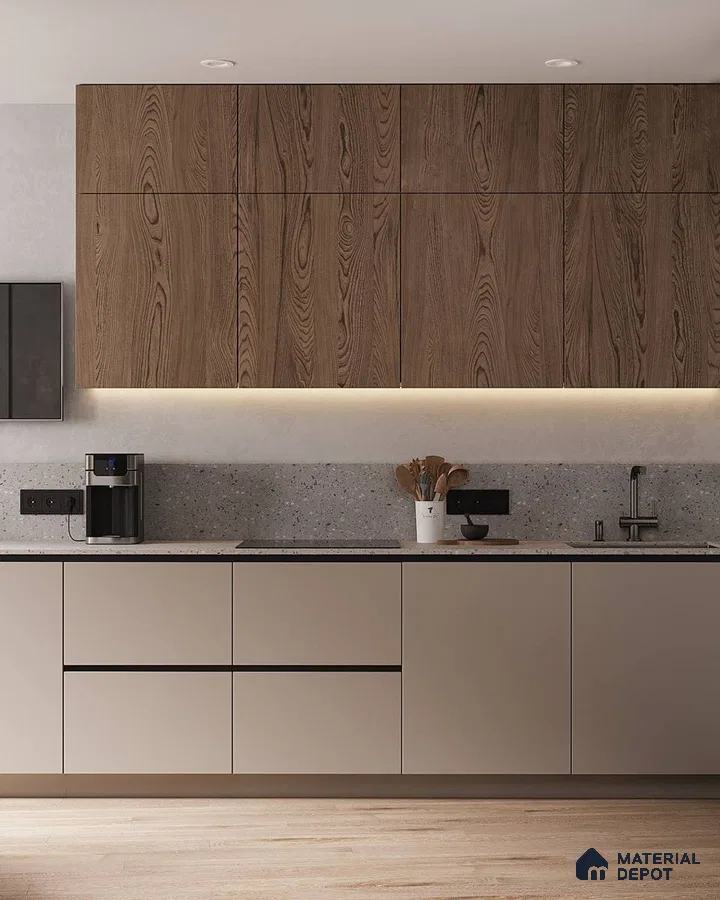 Modern kitchen with walnut wood laminate, taupe matte laminate, and terrazzo backsplash in Bengaluru | Material Depot
