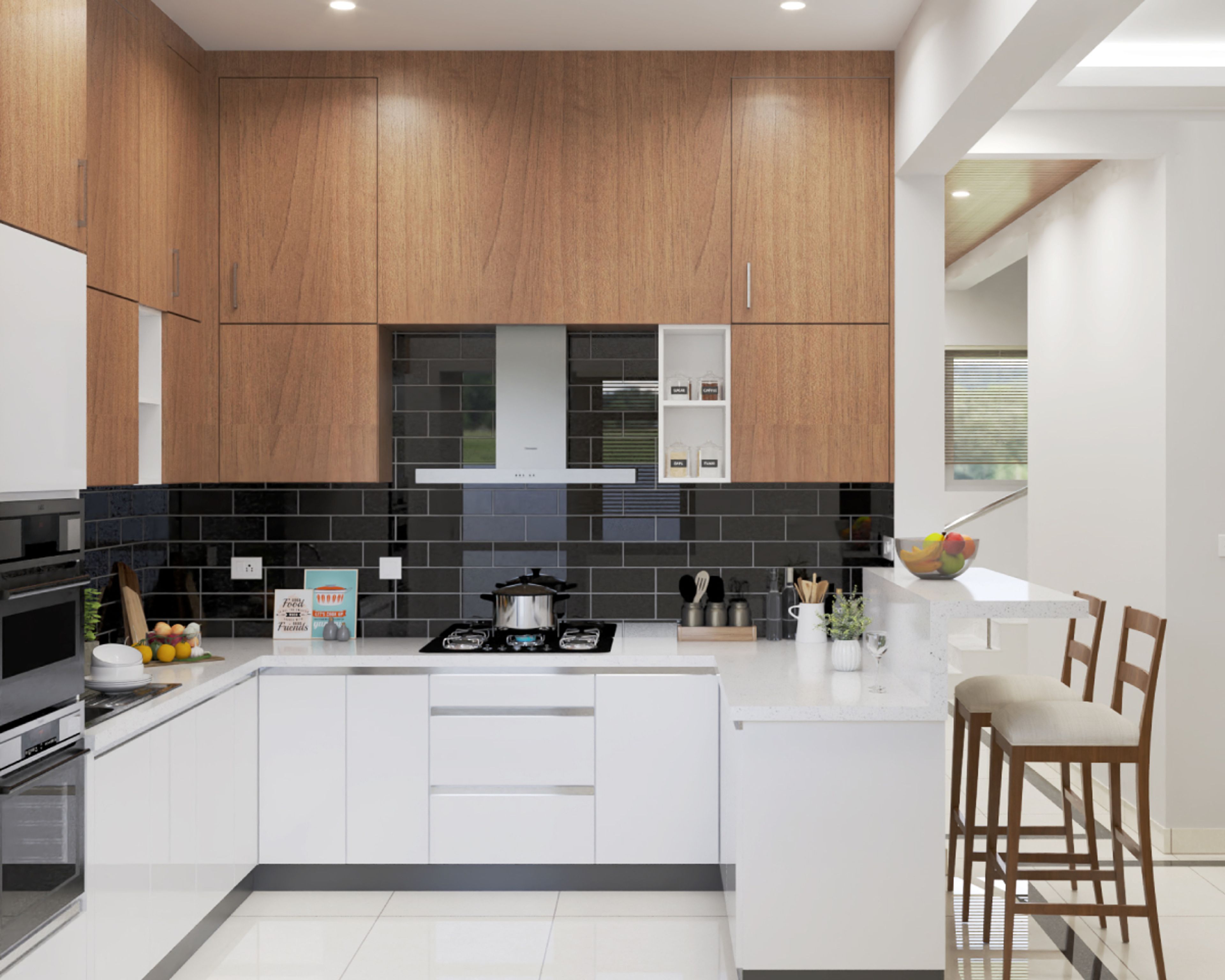 Modern kitchen with walnut wood laminate, white laminate cabinets, and black subway tile backsplash in Bengaluru | Material Depot