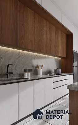 Modern kitchen with walnut wood laminate, white marble backsplash, and terrazzo floor tiles in Bengaluru | Material Depot