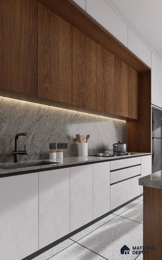 Modern kitchen with walnut wood laminate, white marble backsplash, and terrazzo floor tiles in Bengaluru | Material Depot