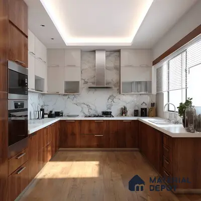 Modern kitchen with walnut wood laminate, white marble backsplash, and wooden flooring in Bengaluru | Material Depot