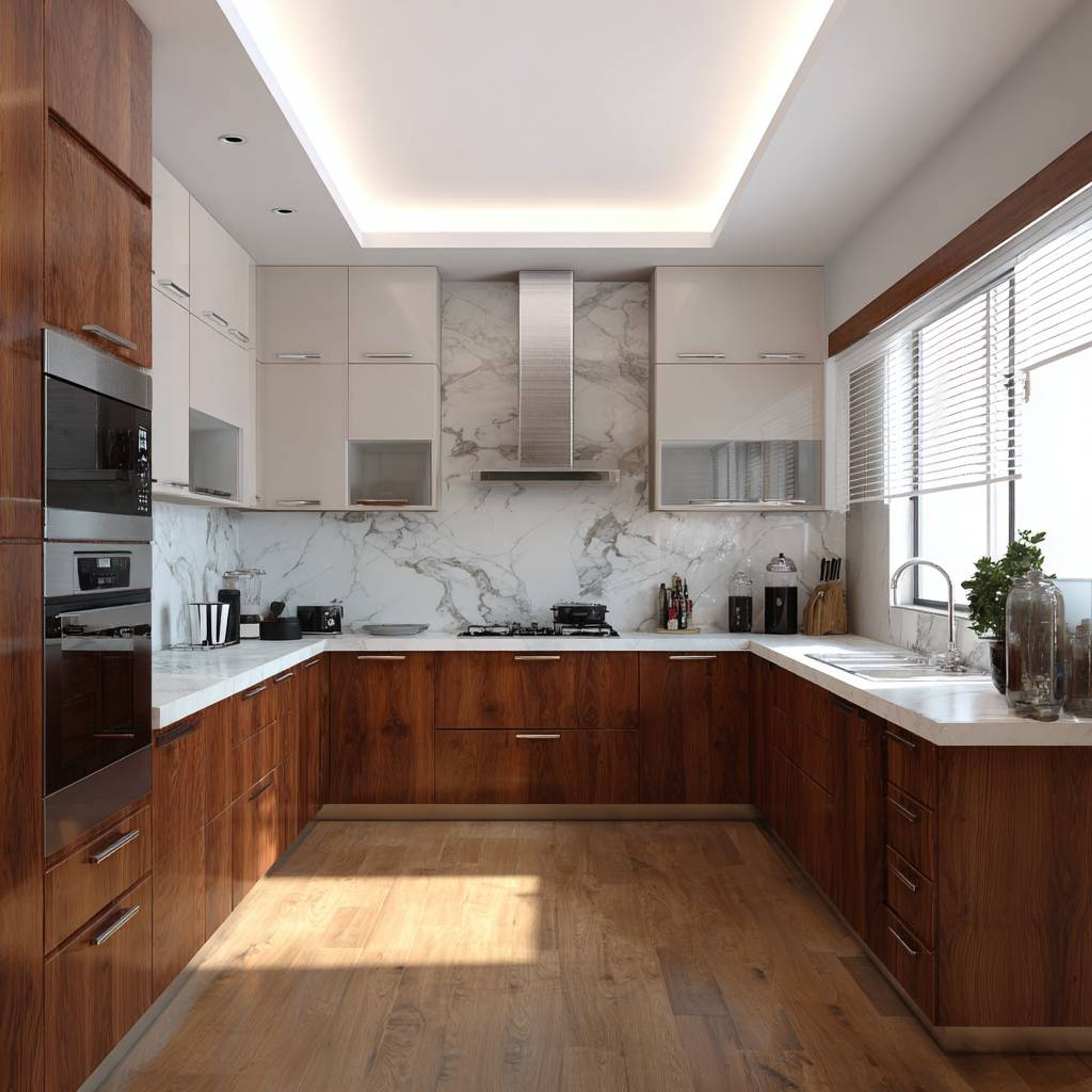 Modern kitchen with walnut wood laminate, white marble backsplash, and wooden flooring in Bengaluru | Material Depot