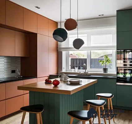 Dark Blue Modern Kitchen with Wooden Cabinets and Patterned Flooring | Material Depot