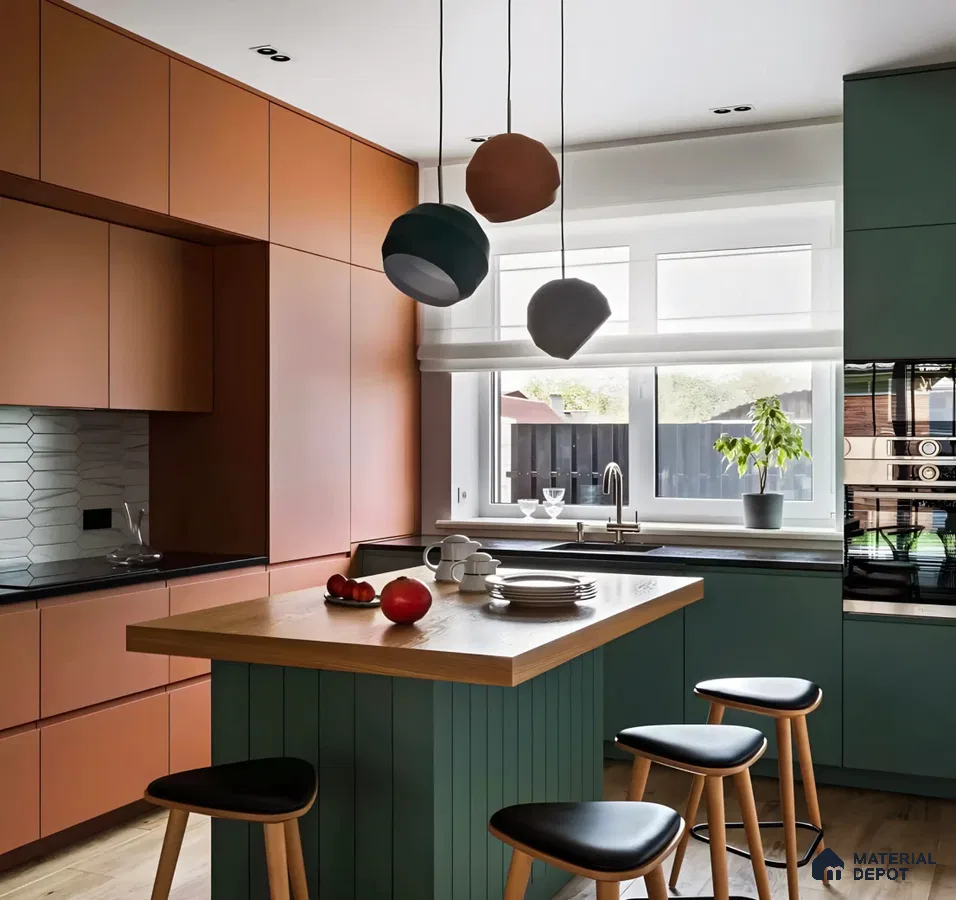 Dark Blue Modern Kitchen with Wooden Cabinets and Patterned Flooring | Material Depot