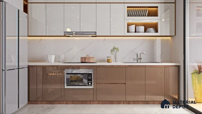 Modern Kitchen with White and Brown Acrylic Cabinets and Marble Backsplash | Material Depot