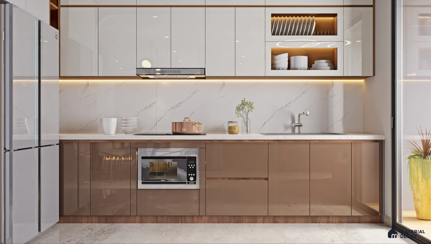 Modern Kitchen with White and Brown Acrylic Cabinets and Marble Backsplash | Material Depot
