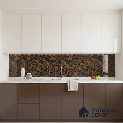 Modern kitchen with white and brown laminate cabinets, floral patterned brown backsplash tiles, and white marble countertop in Bengaluru
