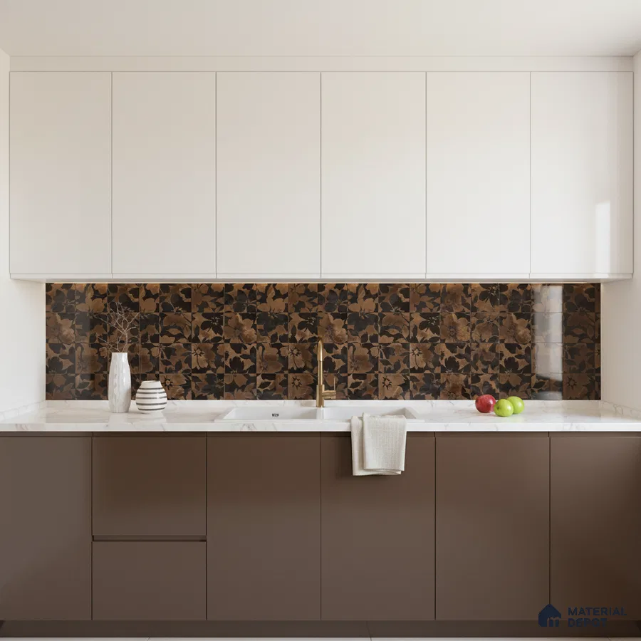 Modern kitchen with white and brown laminate cabinets, floral patterned brown backsplash tiles, and white marble countertop in Bengaluru
