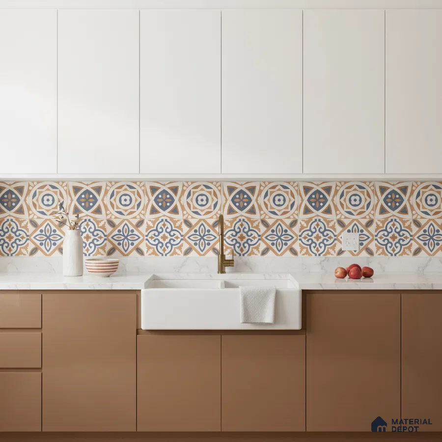 Modern kitchen with white and brown laminate, patterned moroccan backsplash tile, and white marble countertop in Bengaluru