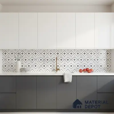 Modern kitchen with white and charcoal grey laminate, geometric black-and-white backsplash tile, and white quartz countertop in Bengaluru