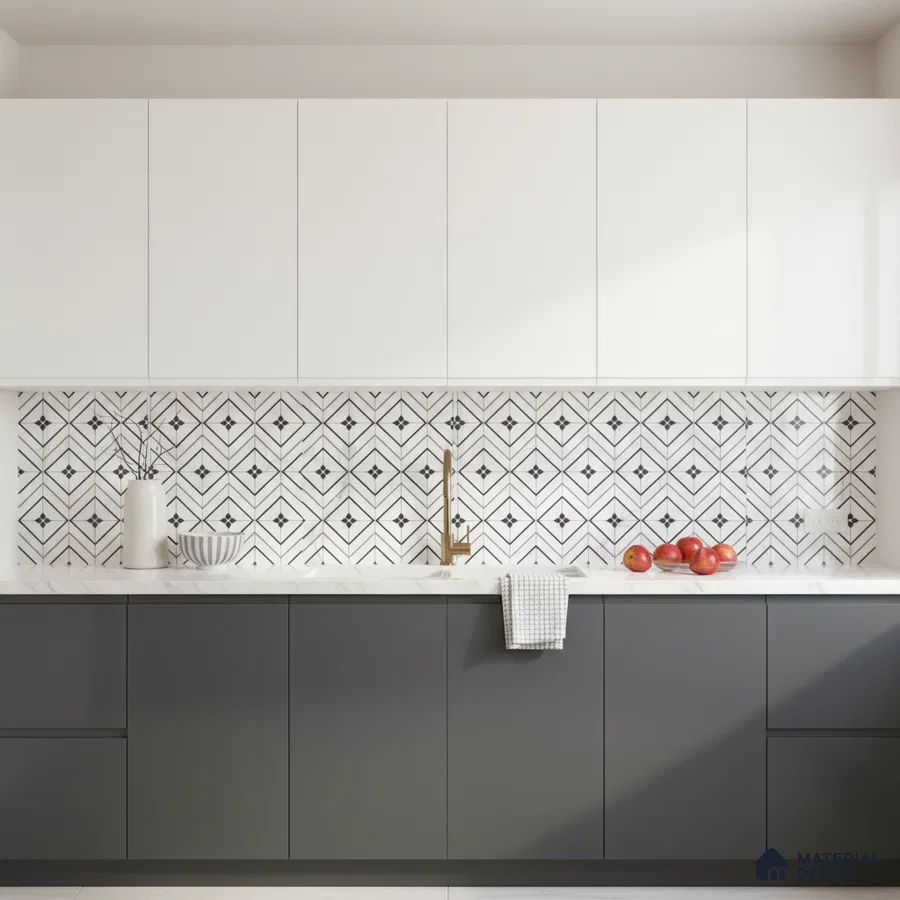 Modern kitchen with white and charcoal grey laminate, geometric black-and-white backsplash tile, and white quartz countertop in Bengaluru