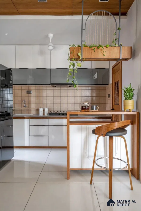 Modern kitchen with white and grey high gloss laminate, beige grid backsplash tile, and wooden accents in Bengaluru | Material Depot