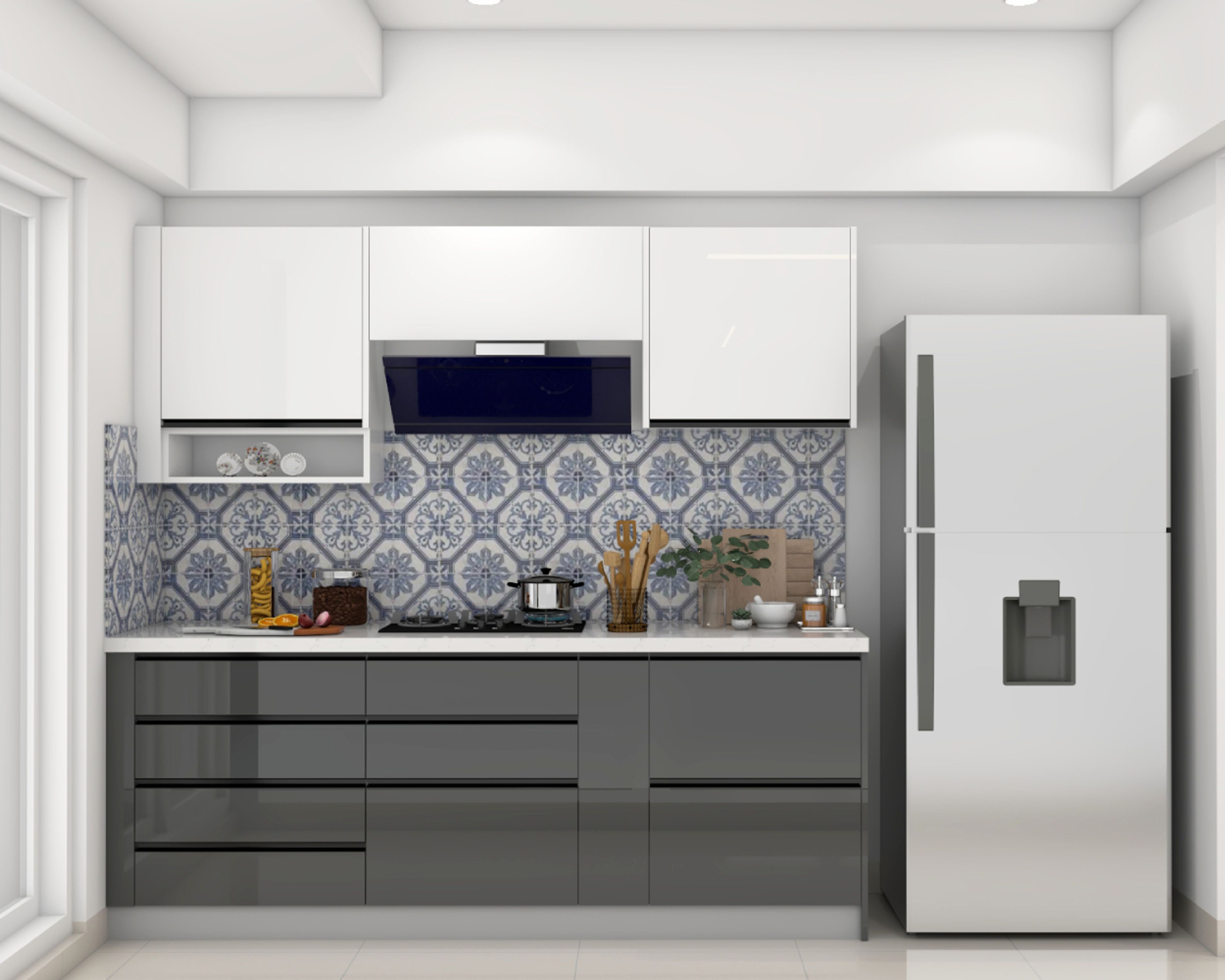 Modern kitchen with white and grey laminate, blue moroccan backsplash tile, and white quartz countertop in Bengaluru | Material Depot