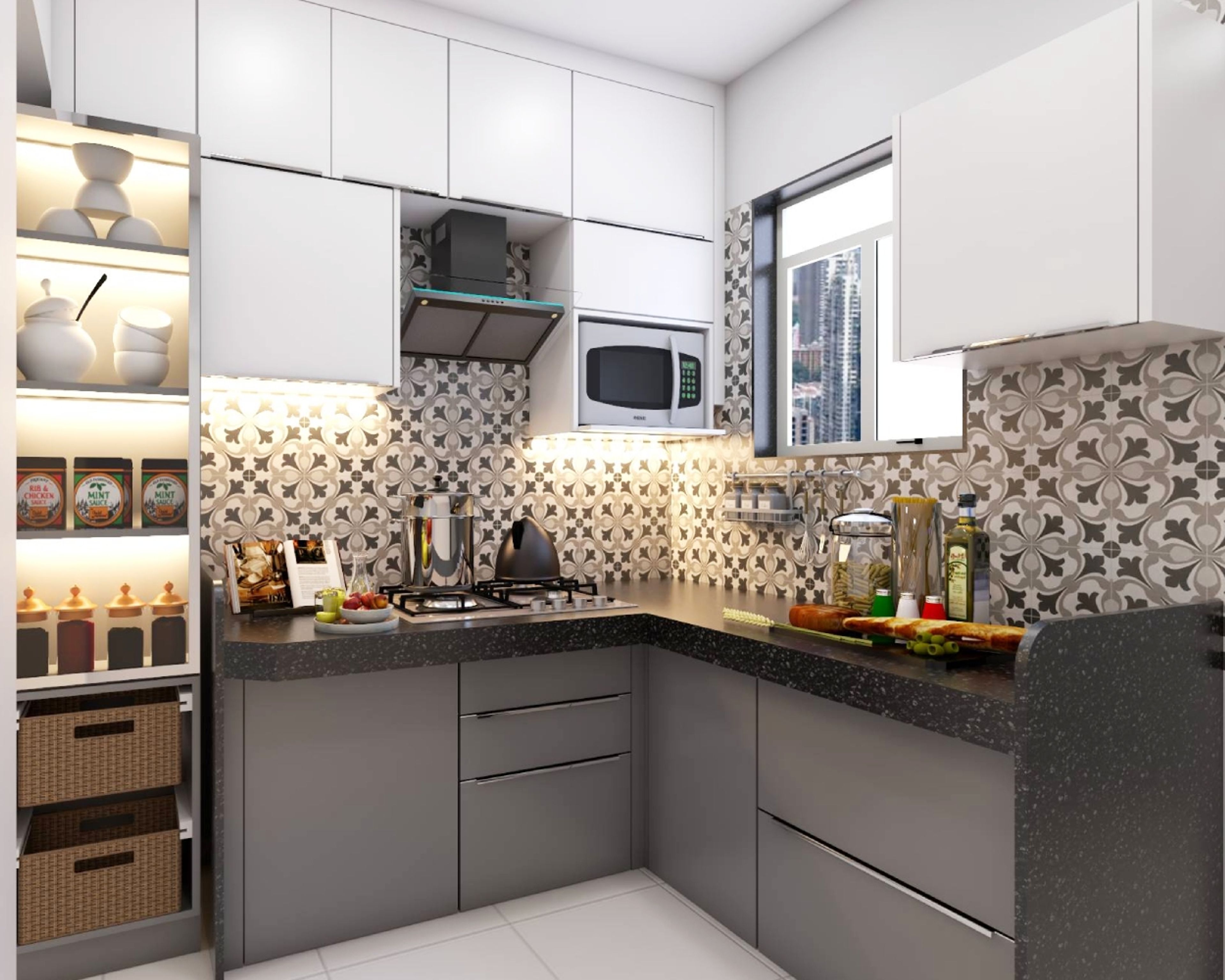 Modern kitchen with white and grey laminate cabinets, black quartz countertop, and floral patterned backsplash tiles in Bengaluru | Material Depot