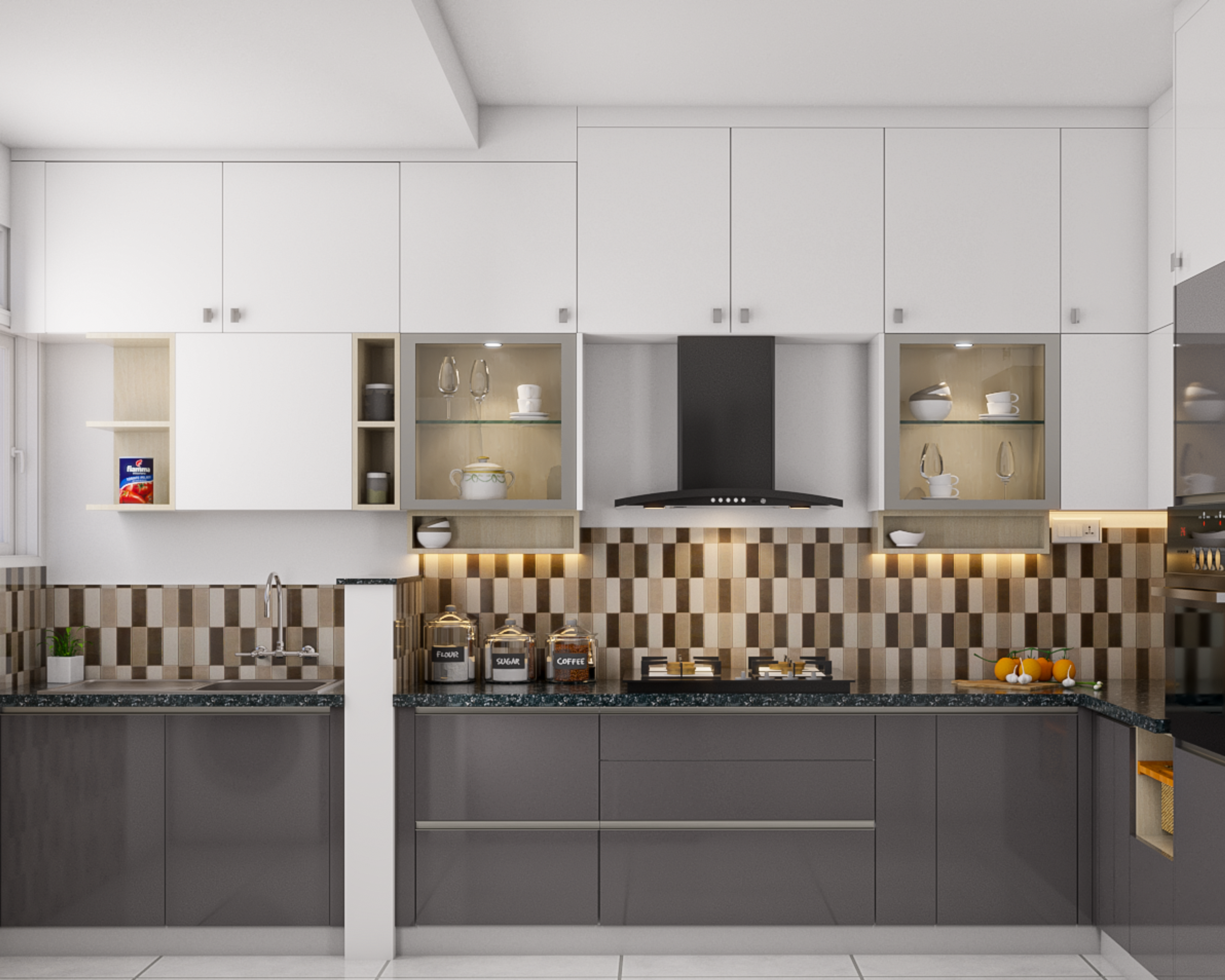 Modern kitchen with white and grey laminate cabinets, checkered brown and beige backsplash tiles, and black granite countertop in Bengaluru | Material Depot