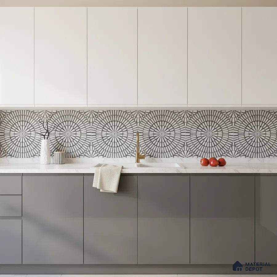 Modern kitchen with white and grey laminate, marble countertop, and geometric patterned backsplash tile in Bengaluru