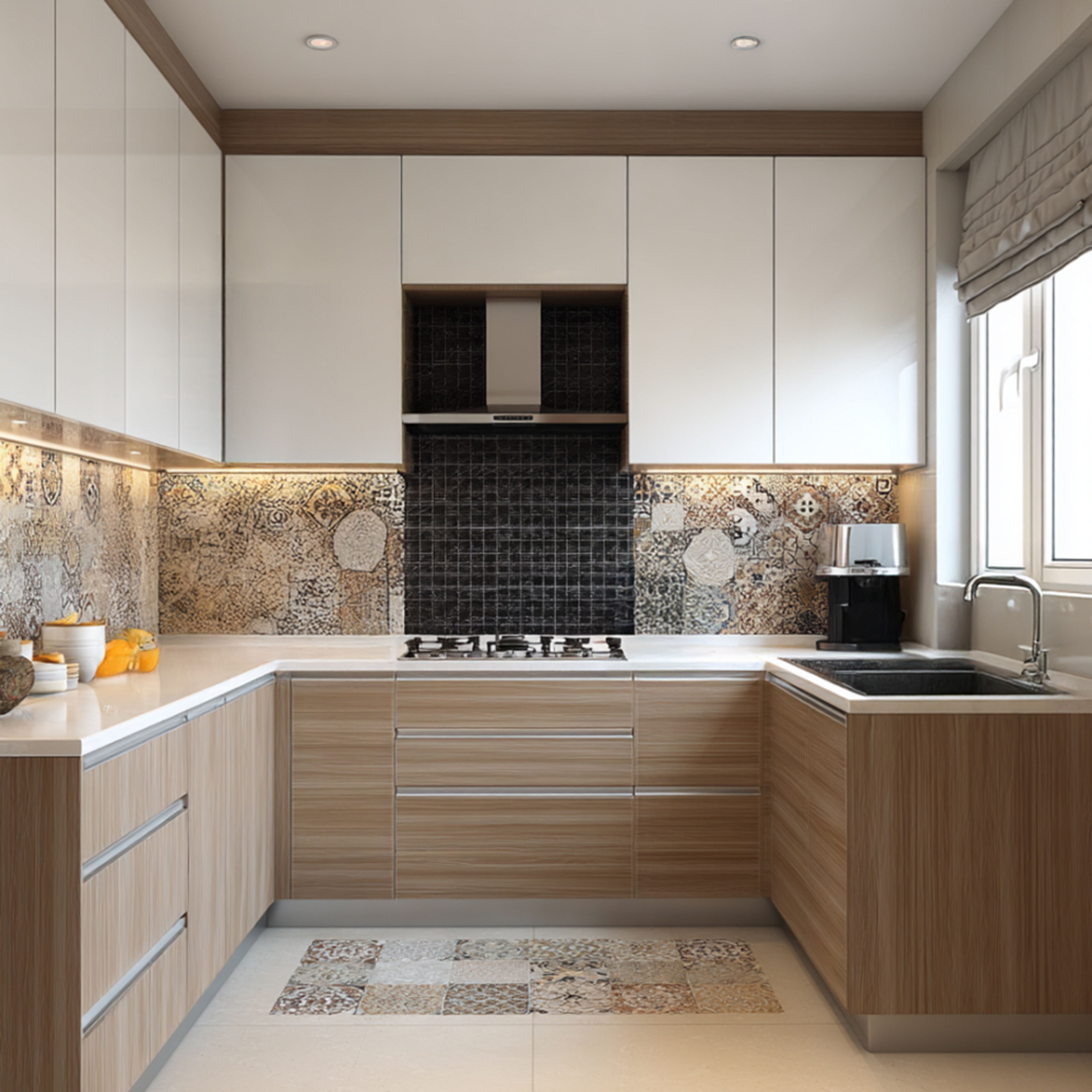 Modern kitchen with white and light oak laminate, patterned backsplash tiles, and white quartz countertop in Bengaluru | Material Depot
