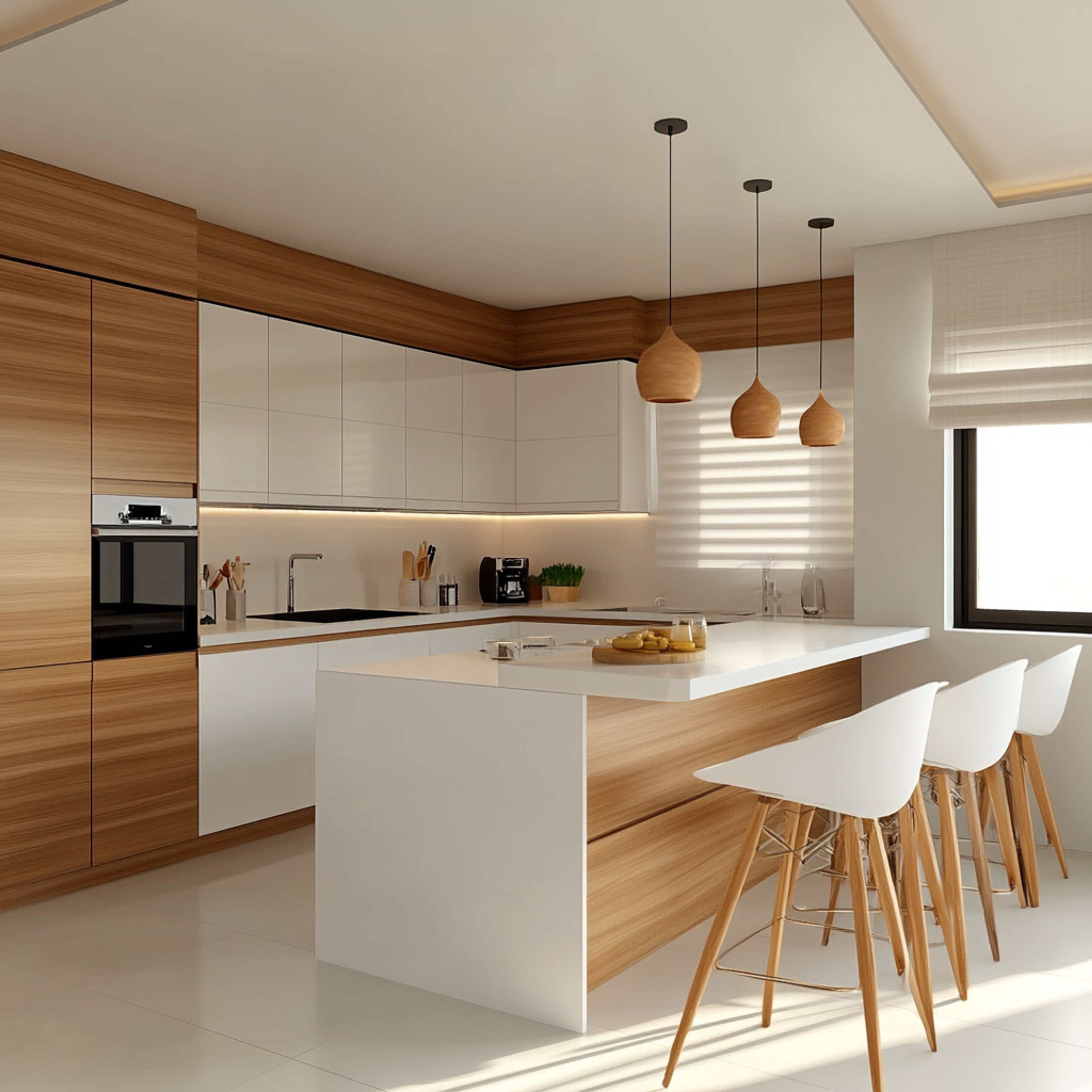 Modern kitchen with white and light oak wood grain laminate, white quartz countertop, and island in Bengaluru | Material Depot