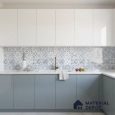 Modern kitchen with white and pastel blue laminate, patterned moroccan backsplash tile, and white quartz countertop in Bengaluru
