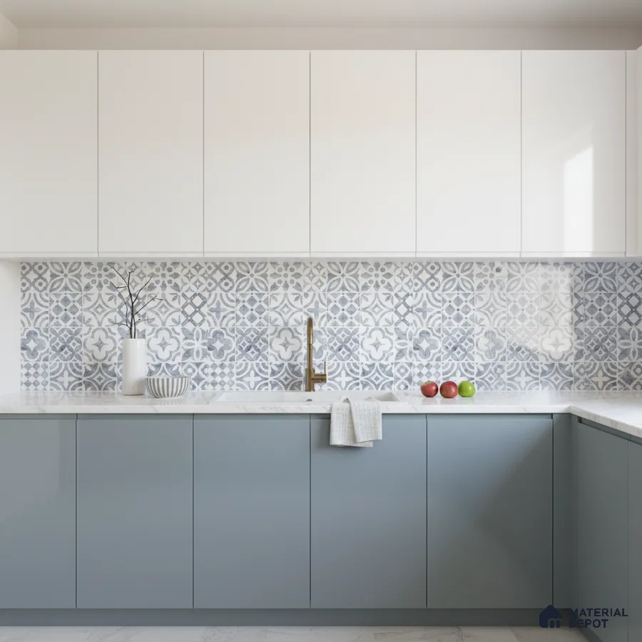 Modern kitchen with white and pastel blue laminate, patterned moroccan backsplash tile, and white quartz countertop in Bengaluru