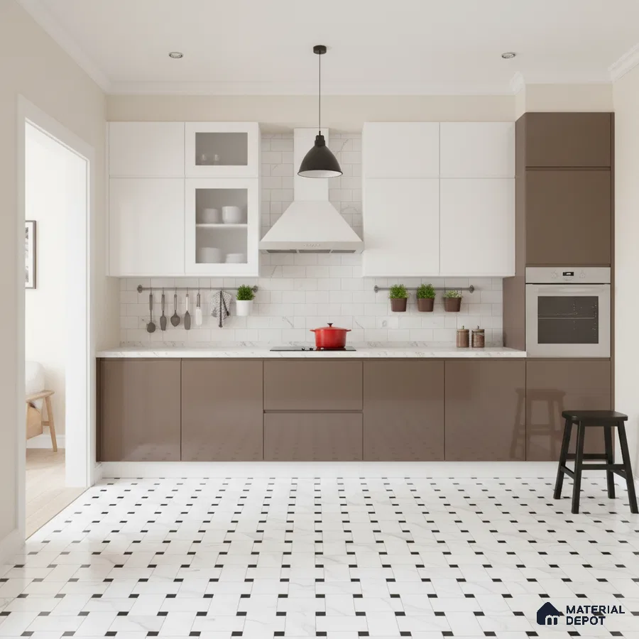 Modern kitchen with white and taupe laminate cabinets, subway tile backsplash, and black-and-white geometric floor tiles in Bengaluru