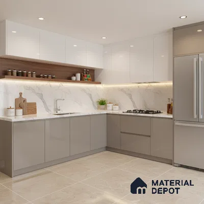 Modern kitchen with white and taupe laminate, marble-look backsplash, and beige floor tiles in Bengaluru