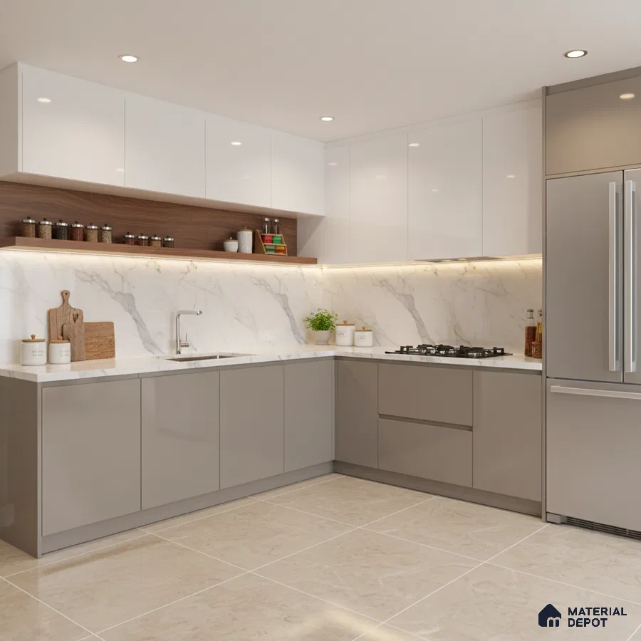 Modern kitchen with white and taupe laminate, marble-look backsplash, and beige floor tiles in Bengaluru