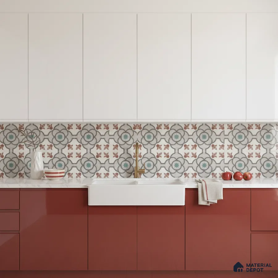 Modern kitchen with white and terracotta laminate, patterned moroccan backsplash tile, and white quartz countertop in Bengaluru