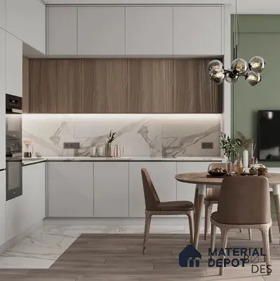 Modern kitchen with white and walnut laminate, marble-look backsplash, and wood-look flooring in Bengaluru | Material Depot