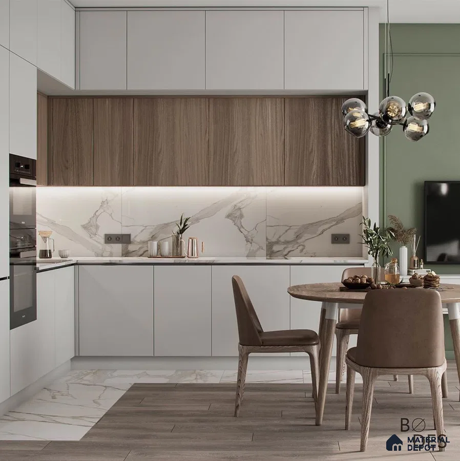 Modern kitchen with white and walnut laminate, marble-look backsplash, and wood-look flooring in Bengaluru | Material Depot