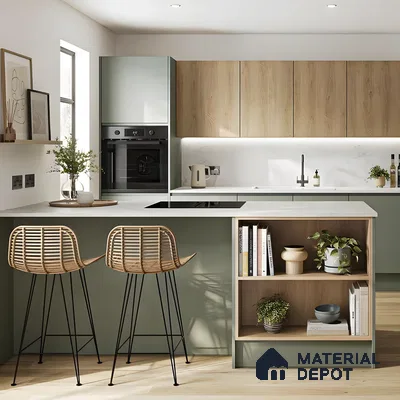 Modern Kitchen with White Backsplash, Sage Green Cabinets and Wood Accents | Material Depot