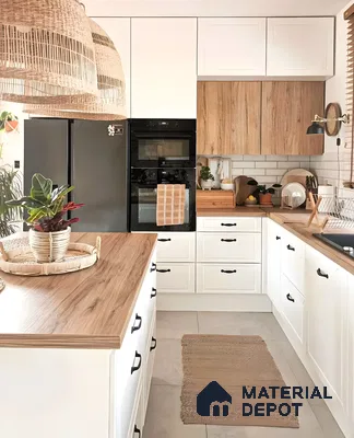 Modern Kitchen with White Cabinets and Wood Accents | Material Depot