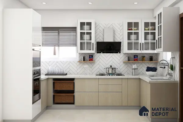 Modern kitchen with white herringbone subway tile backsplash, light oak laminate cabinets, and white quartz countertop in Bengaluru | Material Depot