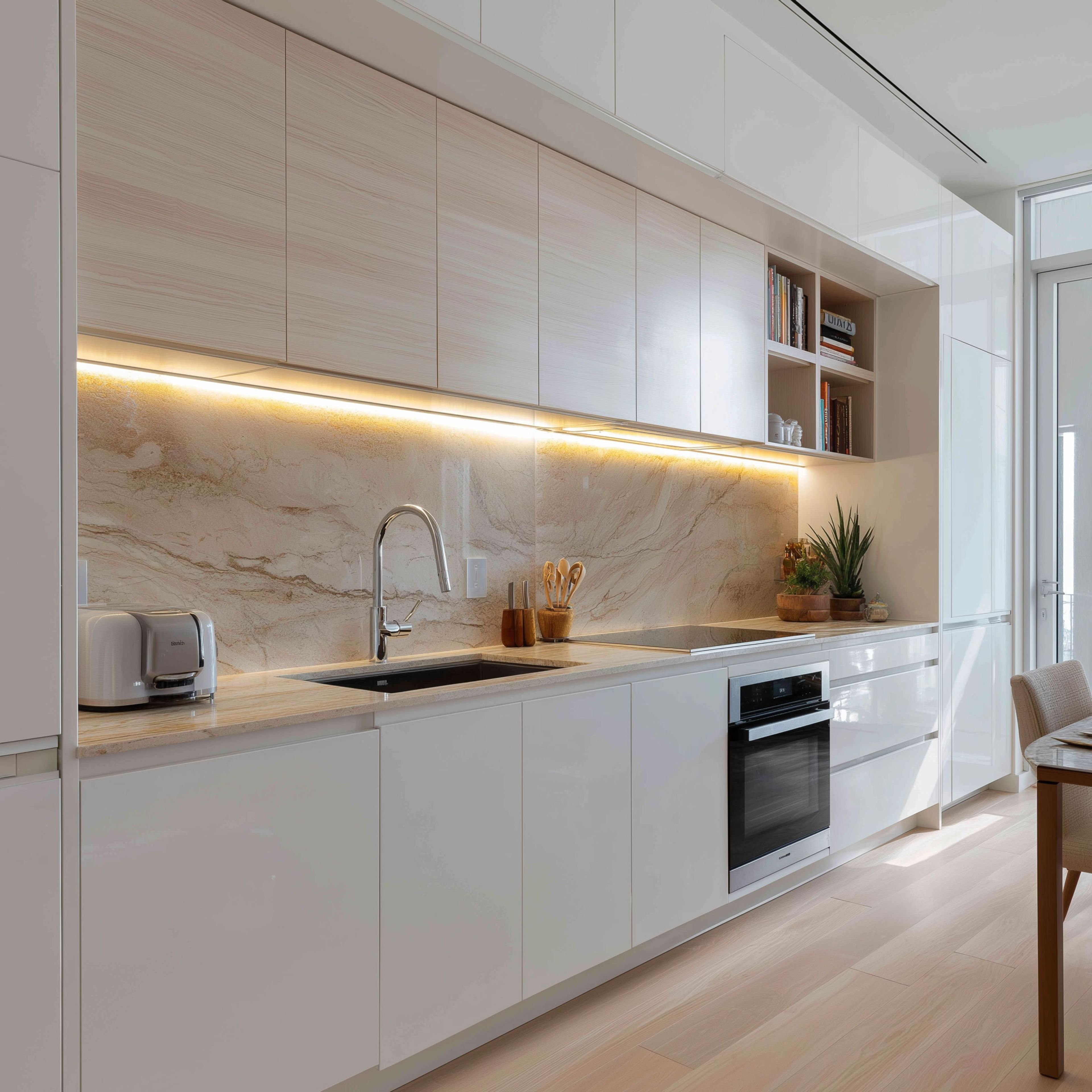 Modern kitchen with white high gloss laminate, beige marble backsplash, and light wood flooring in Bengaluru | Material Depot
