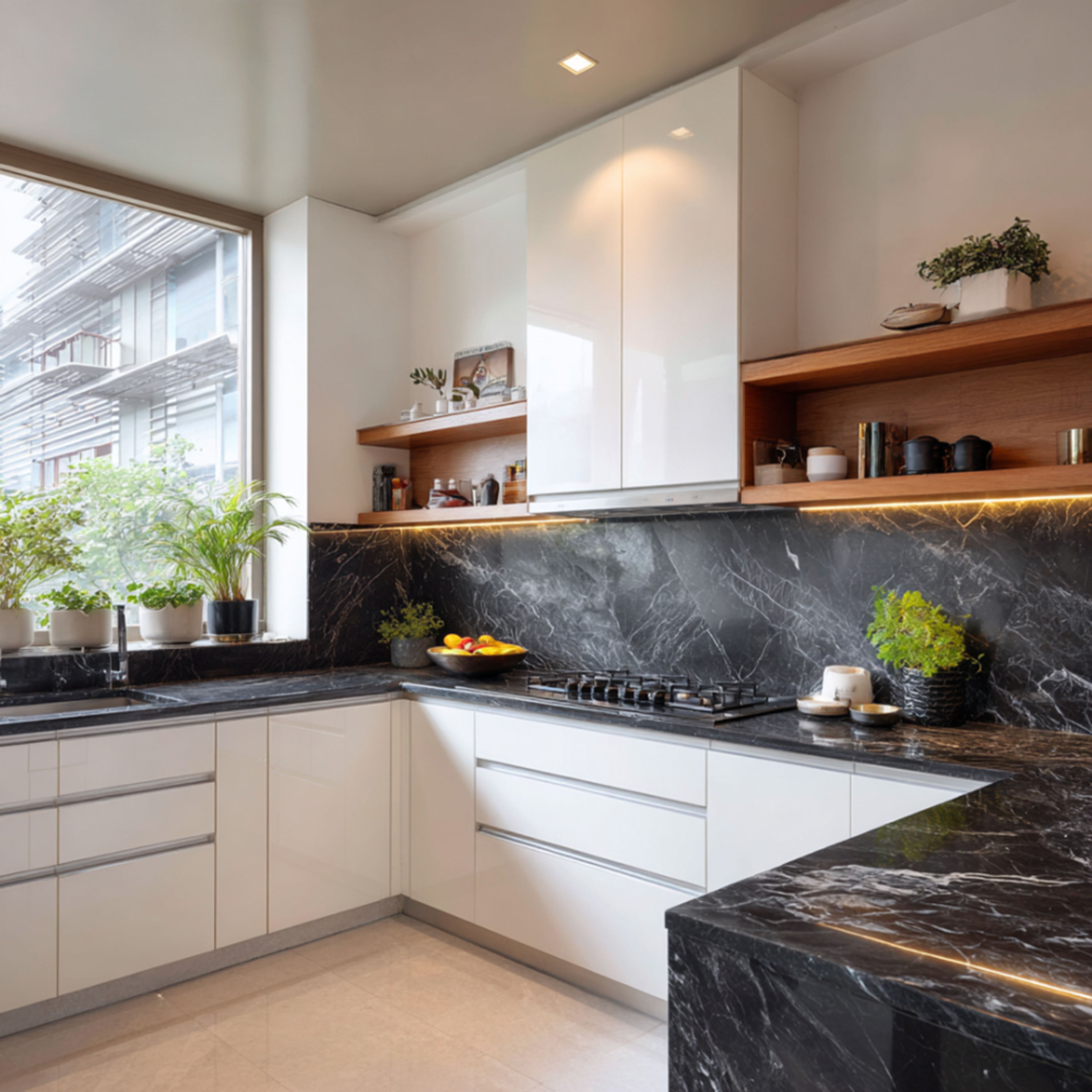 Modern kitchen with white high gloss laminate, black marble-look backsplash and countertop in Bengaluru | Material Depot