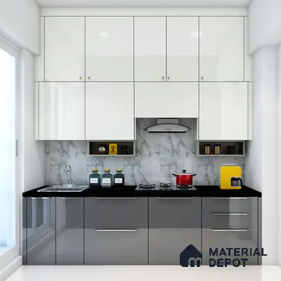 Modern kitchen with white high gloss laminate, grey high gloss laminate, and marble backsplash in Bengaluru | Material Depot